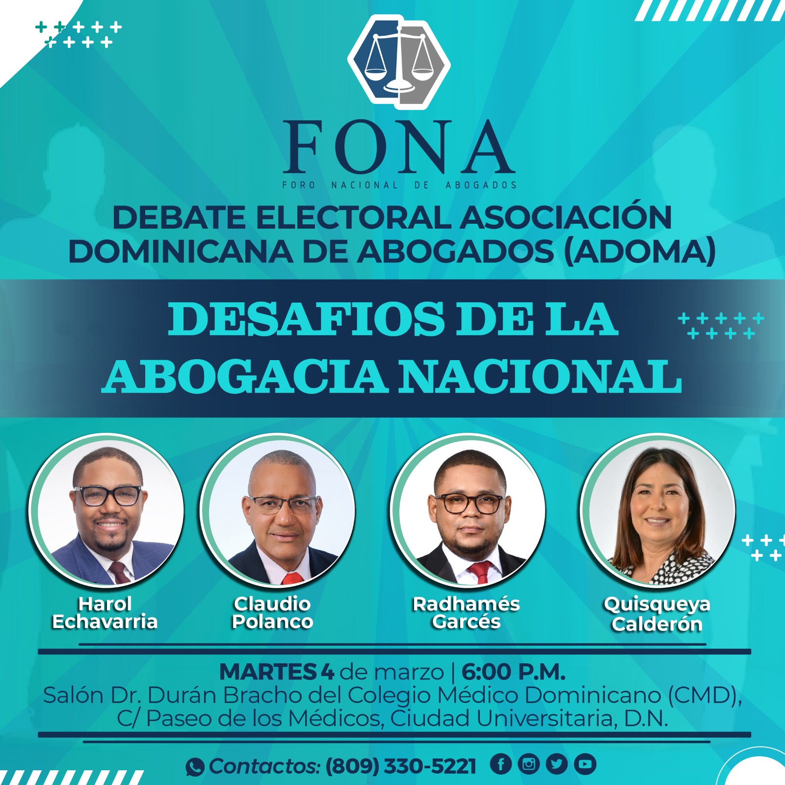 FONA organiza debate sobre los desafíos de la abogacía nacional con candidatos a la presidencia de ADOMA