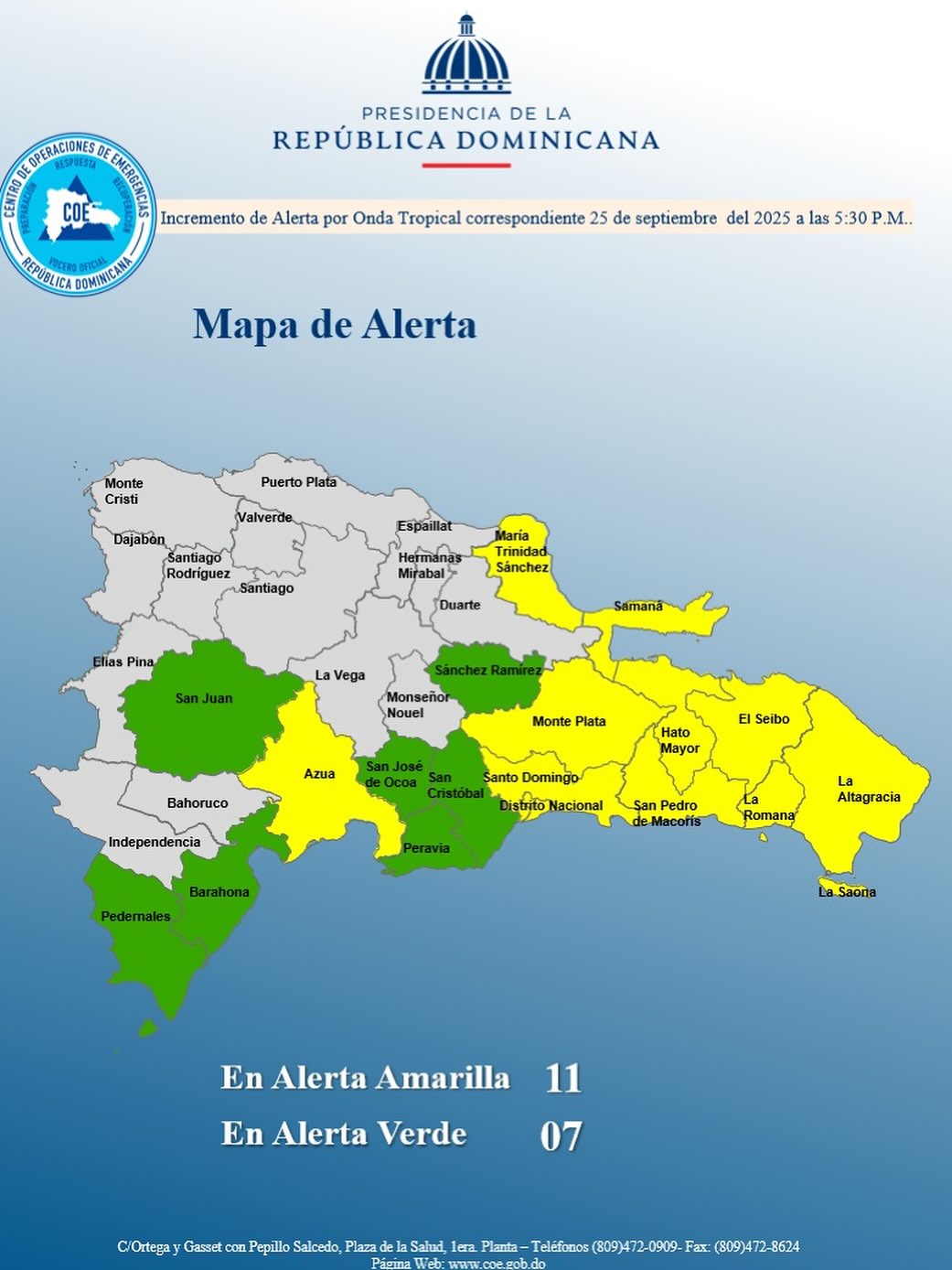 COE eleva alerta a amarilla en 11 provincias por onda tropical