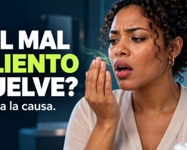 Mujer preocupada por su aliento junto al mensaje «¿El mal aliento vuelve? ¿Mal aliento aunque te cepilles? Busca la causa».