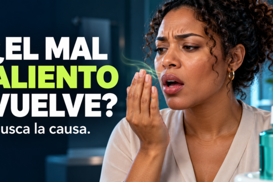 Mujer preocupada por su aliento junto al mensaje «¿El mal aliento vuelve? ¿Mal aliento aunque te cepilles? Busca la causa».