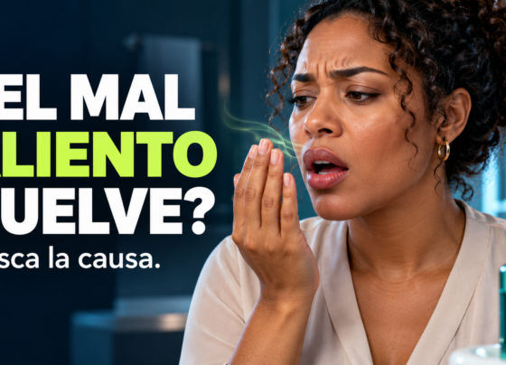 Mujer preocupada por su aliento junto al mensaje «¿El mal aliento vuelve? ¿Mal aliento aunque te cepilles? Busca la causa».
